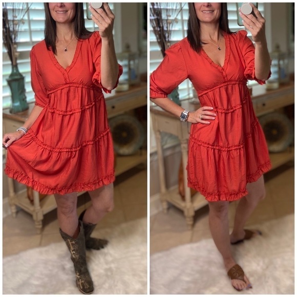 Tiered Ruffle Trim V-Neck Babydoll Rust 1821 - Picture 1 of 9